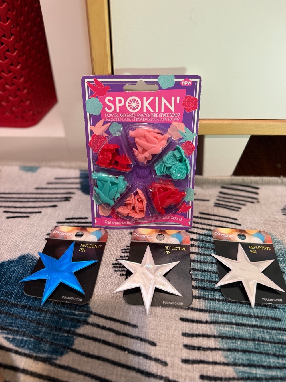 Bike accessory set: spoke decorations and three reflective star pins